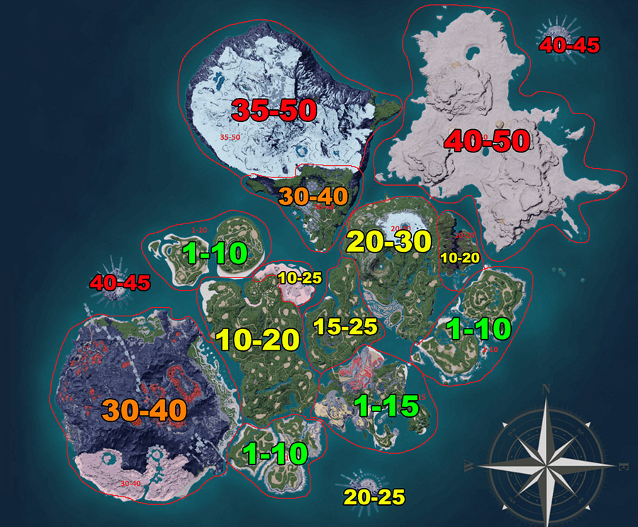  carte indiquant les zones de Palworld et les niveaux des Pals