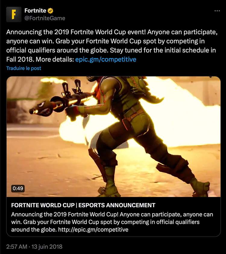Annonce World Cup Fortnite 2019