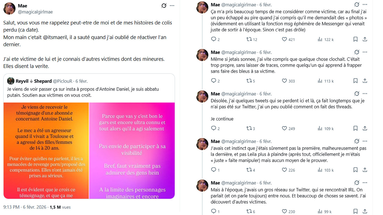 Témoignage de Mae(@magicalgirlmae) sur X sur l'affaire Antoine Daniel